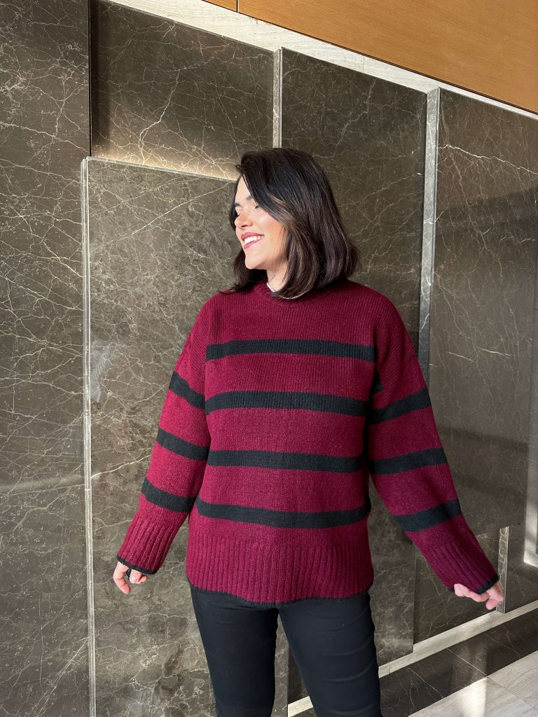 Bordo Çizgili Oversize Kazak