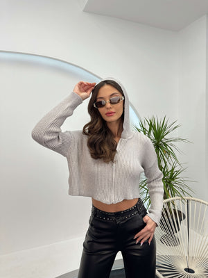 Gri Fermuarlı Crop Triko Hırka
