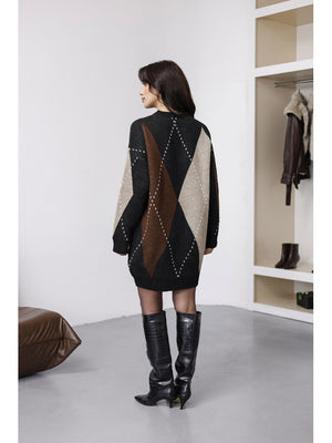 Siyah Baklava Desen Triko Elbise EY2610-Siyah