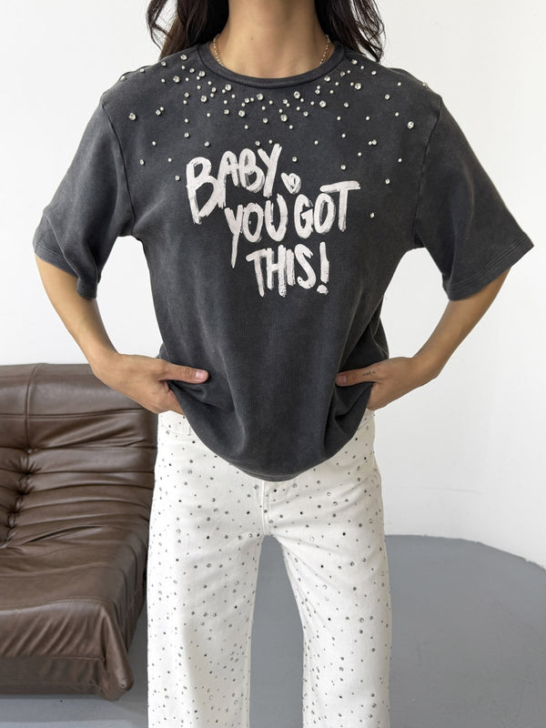 Antrasit Taş İşleme Baskılı Tshirt 8139-Antrasit