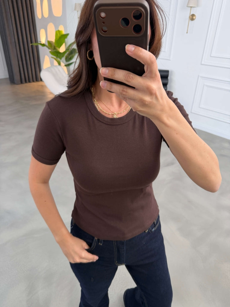 Kahve Bisiklet Yaka Basic Tshirt 24104-Kahve