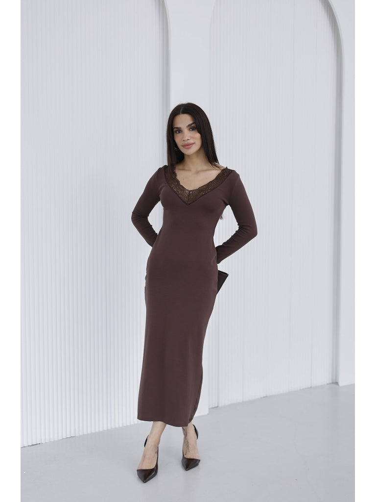 Kahverengi Dantel Yaka Elbise 4104-Kahve