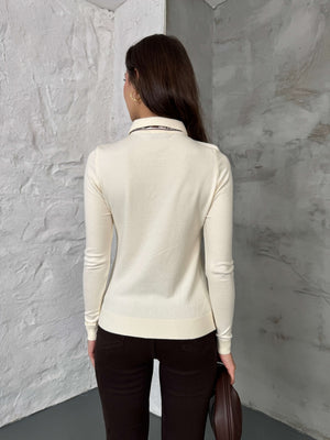 Ekru Polo Yaka Fularlı Massi Model Kazak R0097-Ekru