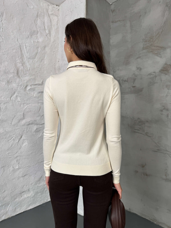 Ekru Polo Yaka Fularlı Massi Model Kazak R0097-Ekru