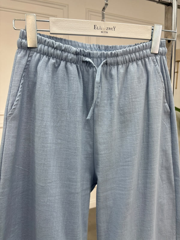 Mavi Beli Bağcıklı Keten Pantolon 7532-Mavi