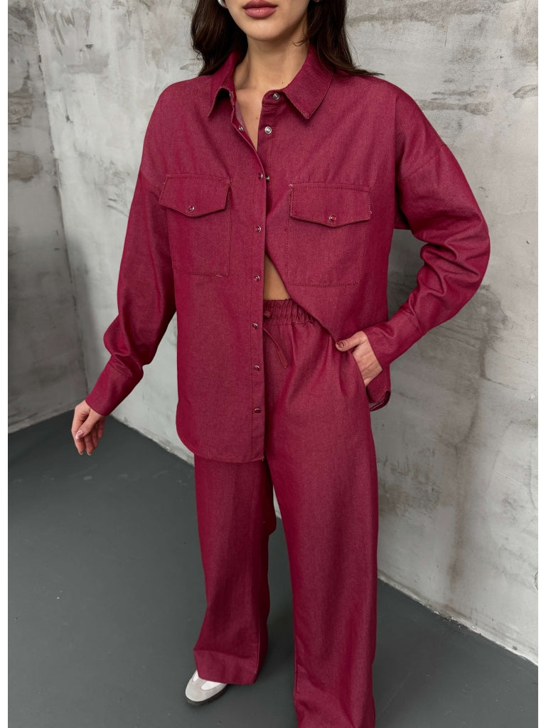 Bordo İnce Denim Takım