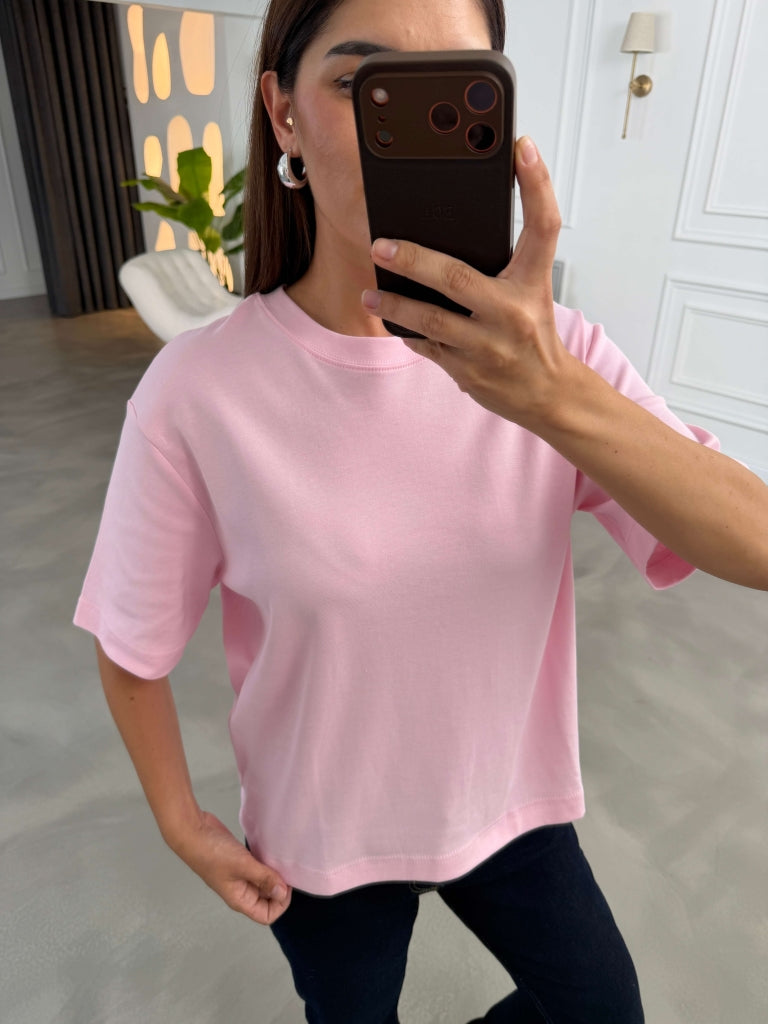 Pembe Bisiklet Yaka Basıc Tshirt 6597-Pembe