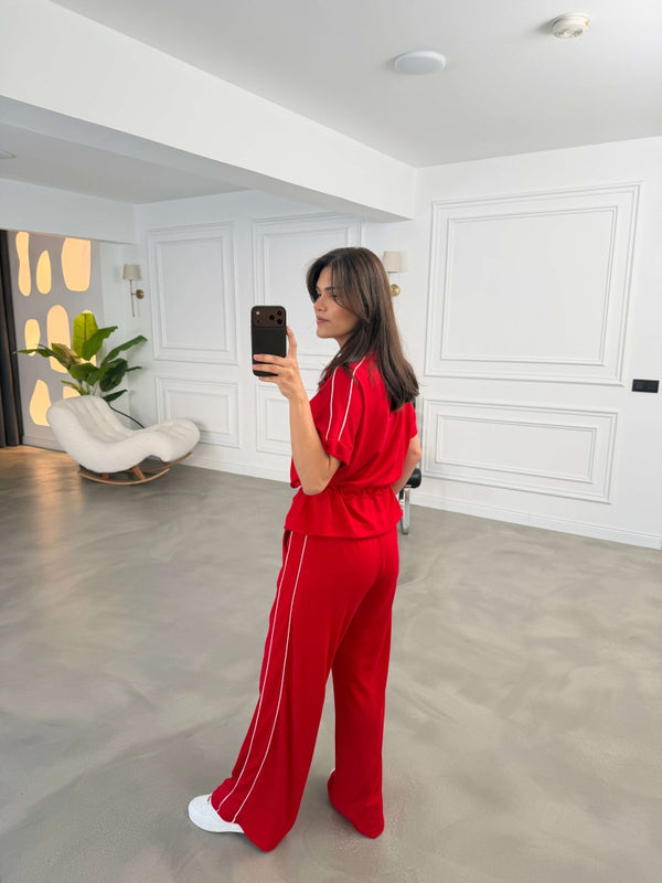Kırmızı Biyeli Bel Bağlamalı Modal Takım 4146-Kırmızı