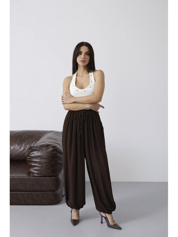 Kahverengi Paçası Lastikli Şalvar Pantolon 51316-Kahverengi