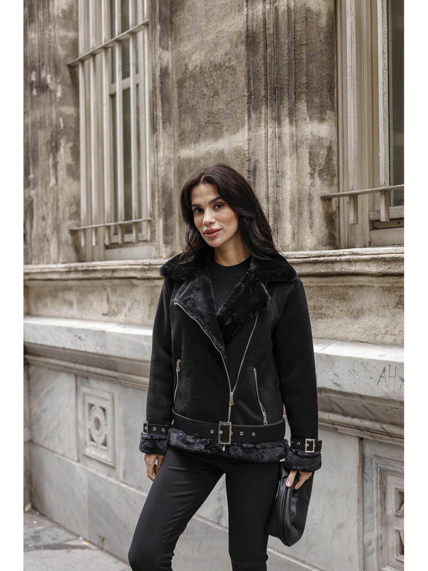 Siyah Kürk Detaylı Nubuk Mont AK2292-Siyah