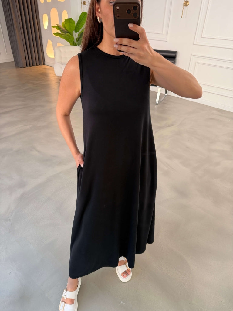 Siyah Bisiklet Yaka Maxi Modal Elbise 4142-Siyah