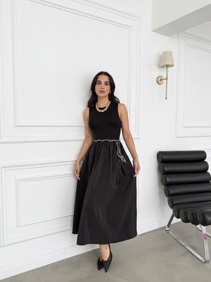 Siyah Fular Kemerli Maxi Elbise 1801-Siyah