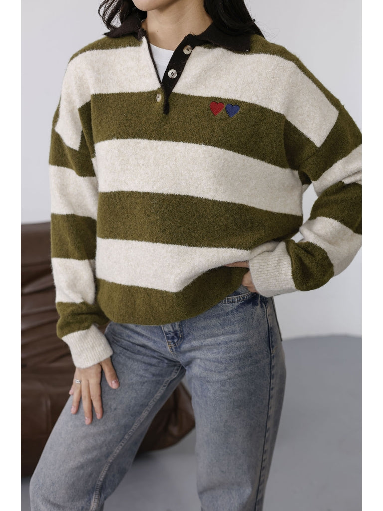 Haki Polo Yaka Kalp Nakışlı Çizgili Kazak 2632-Haki