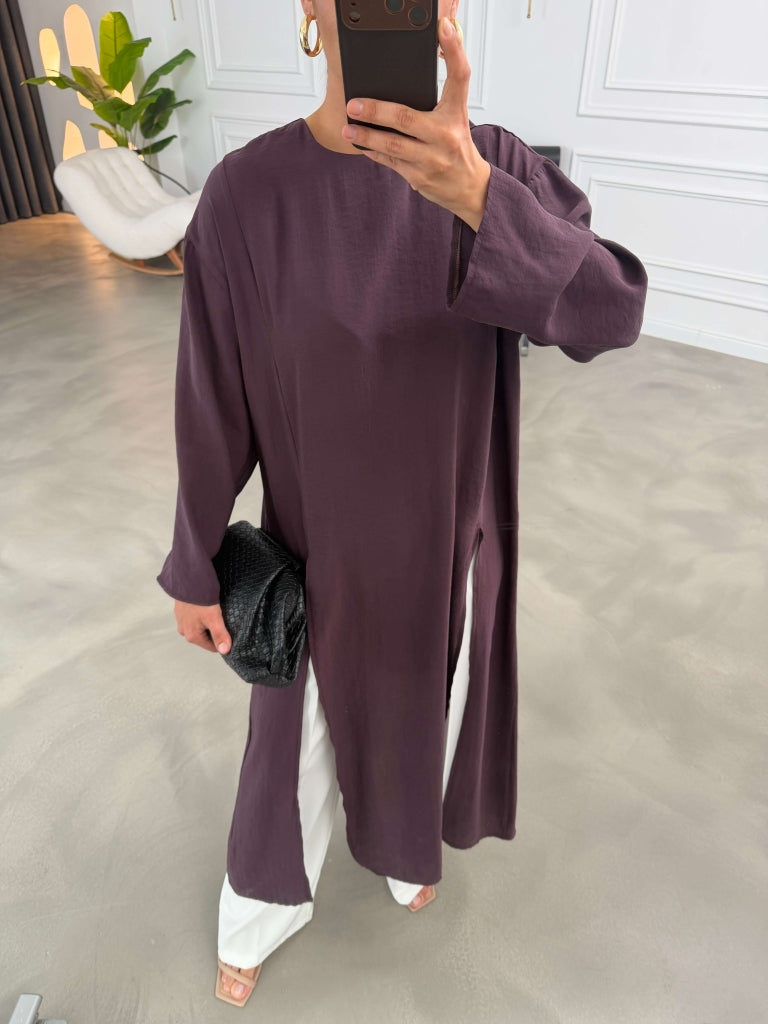 Mürdüm Yırtmaçlı Elbise Tunik 2880-Mürdüm