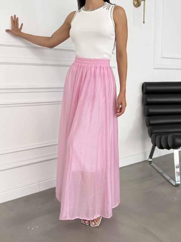 Pembe Bel Lastikli İpeksi Etek 5088-Pembe