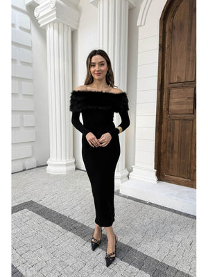 Siyah Madonna Kürk Yakalı Elbise 00515-Siyah