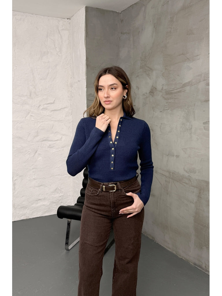 İndigo Polo Yaka Çıtçıtlı Kazak 251172-İndigo