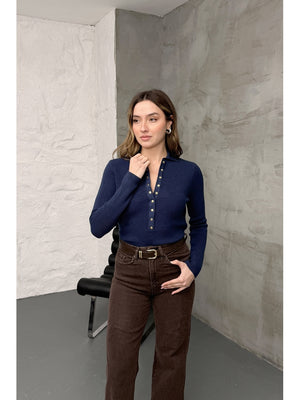 İndigo Polo Yaka Çıtçıtlı Kazak 251172-İndigo