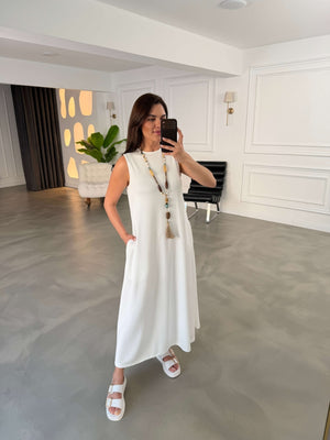 Beyaz Bisiklet Yaka Maxi Modal Elbise 4142-Beyaz