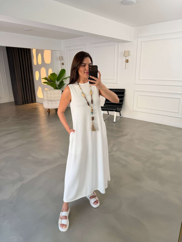 Beyaz Bisiklet Yaka Maxi Modal Elbise 4142-Beyaz