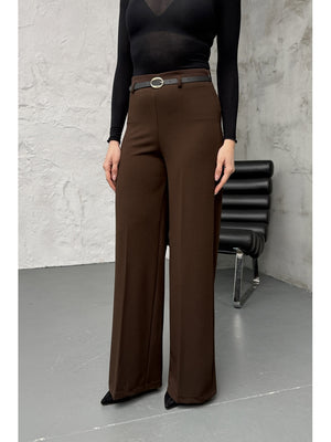 Kahverengi İnce Kemerli Bol Paça Pantolon 9150-Kahverengi