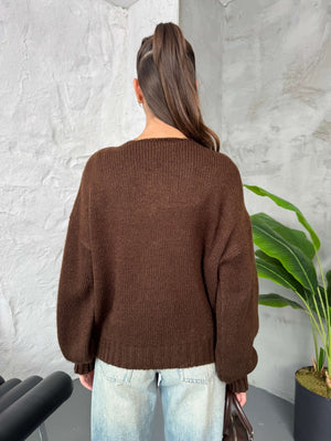 Kahverengi Önü Bağcıklı Örme Hırka EY2426-Kahverengi