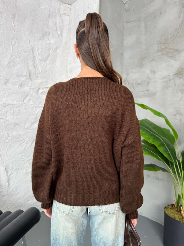 Kahverengi Önü Bağcıklı Örme Hırka EY2426-Kahverengi