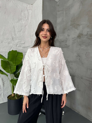 Beyaz Püsküllü Kimono