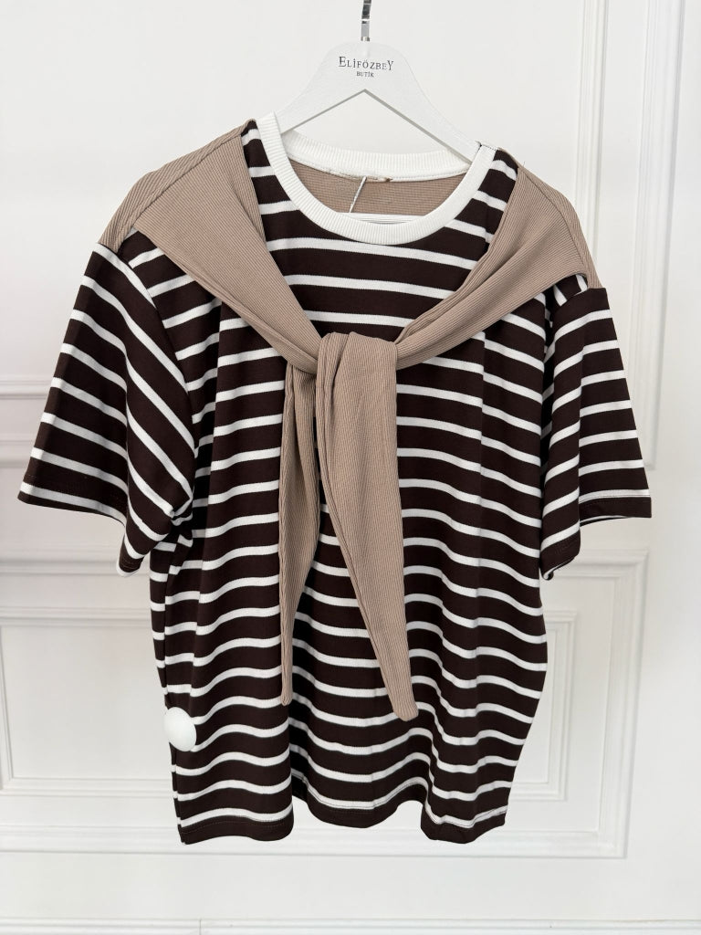 Kahve Fularlı Çizgili Tshirt 58499-Kahve