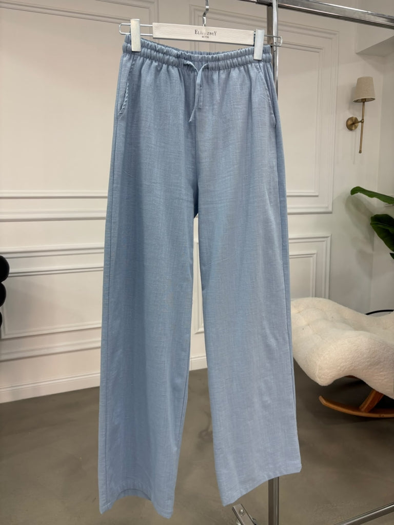 Mavi Beli Bağcıklı Keten Pantolon 7532-Mavi