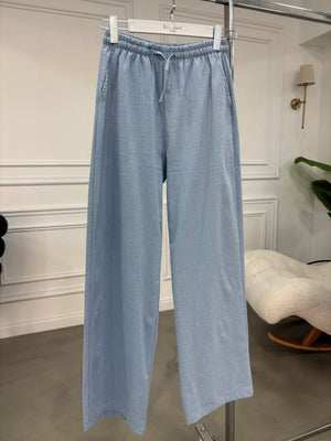 Mavi Beli Bağcıklı Keten Pantolon 7532-Mavi