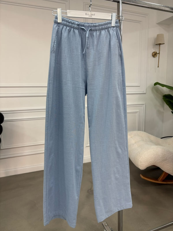 Mavi Beli Bağcıklı Keten Pantolon 7532-Mavi