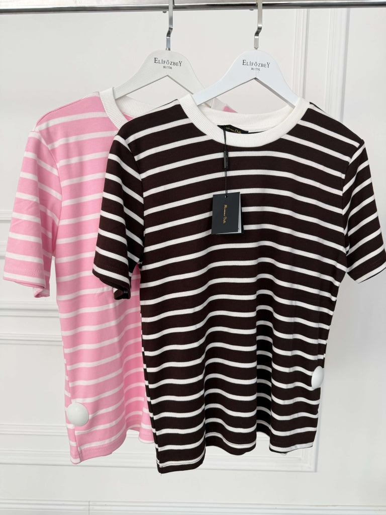 Kahve Beyaz Çizgili Orj Tshirt 58628-Kahve