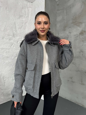 Gri Kaşe Yakası Kürklü Mont 580564-GRİ