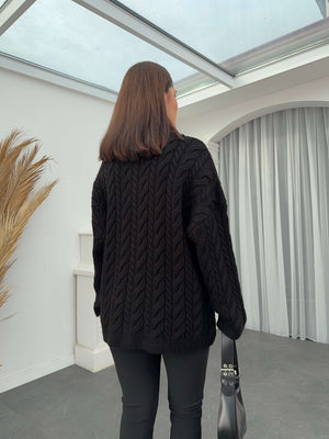 Siyah Saç Örgülü Fermuarlı Kazak 2394-Siyah