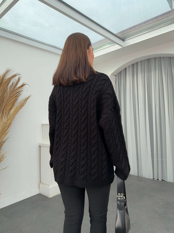 Siyah Saç Örgülü Fermuarlı Kazak 2394-Siyah