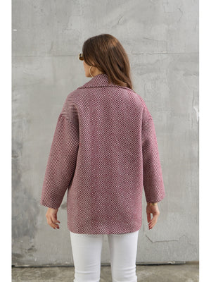 Bordo Balık Sırtı Oversize Astarlı Kısa Kaban