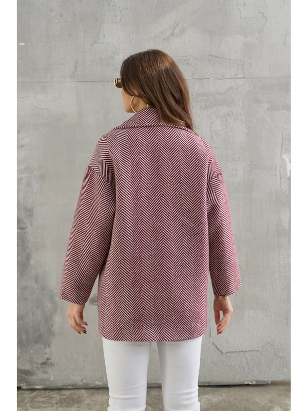 Bordo Balık Sırtı Oversize Astarlı Kısa Kaban