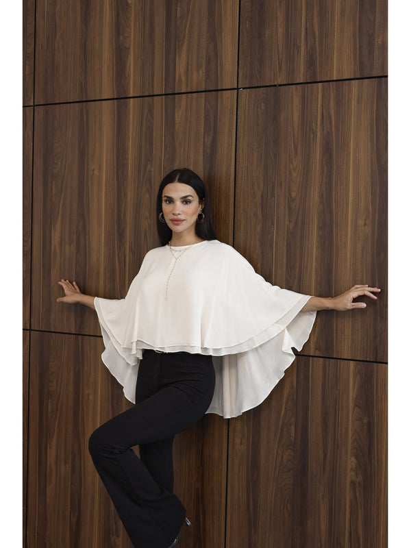 Ekru Pelerinli Bluz 5044-Ekru