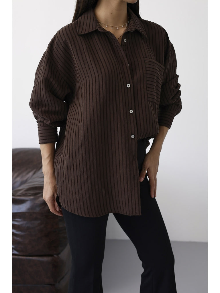 Kahve Fitilli Oversize Gömlek 5000-Kahve