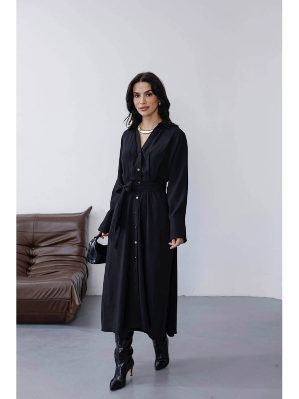 Siyah Beli Pileli Kemerli Elbise 8254-Siyah