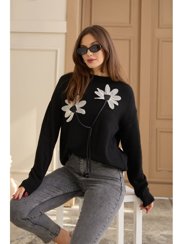 Siyah Keten Çiçekli Oversize Kazak
