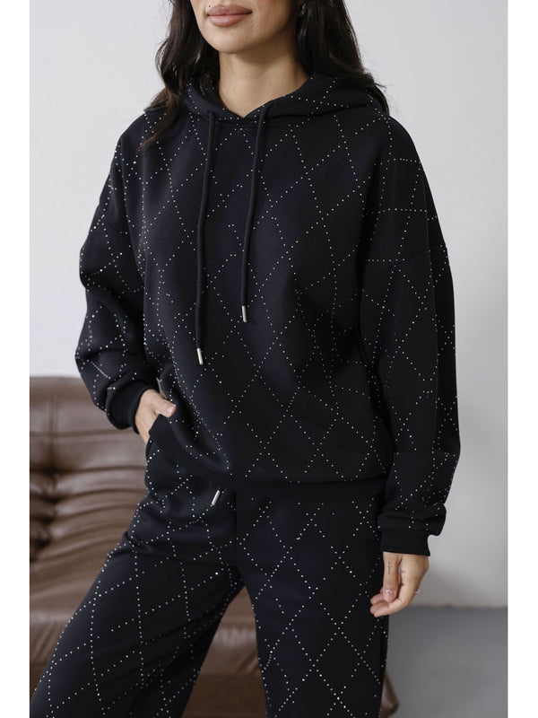 Siyah Taş Baskılı Kapşonlu Takım 4231-Siyah