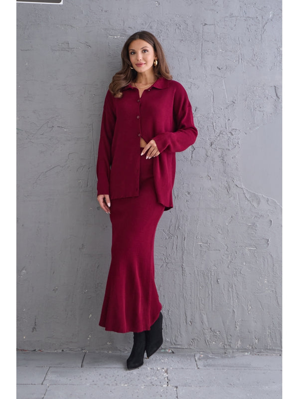Bordo Düğmeli Etekli Triko Takım