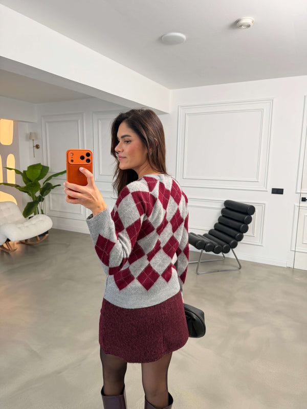 Bordo Baklava Desen Yumuşak Kazak 2319-Bordo