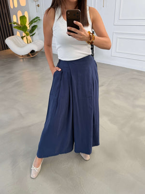 Lacivert Beli Pilili Tencel Pantolon 51204-Lacivert