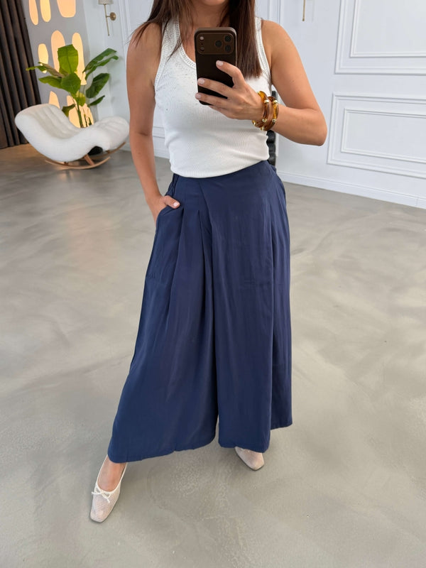 Lacivert Beli Pilili Tencel Pantolon 51204-Lacivert