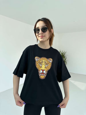 Siyah Kaplan Nakışlı Premium Tshirt