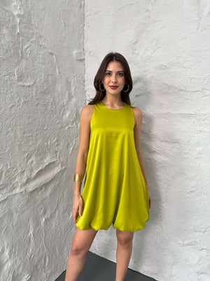 Olive Etek Ucu Balon Detaylı Saten Elbise