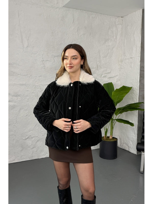 Siyah Yakası Kürklü Kapitone Mont 60559-Siyah